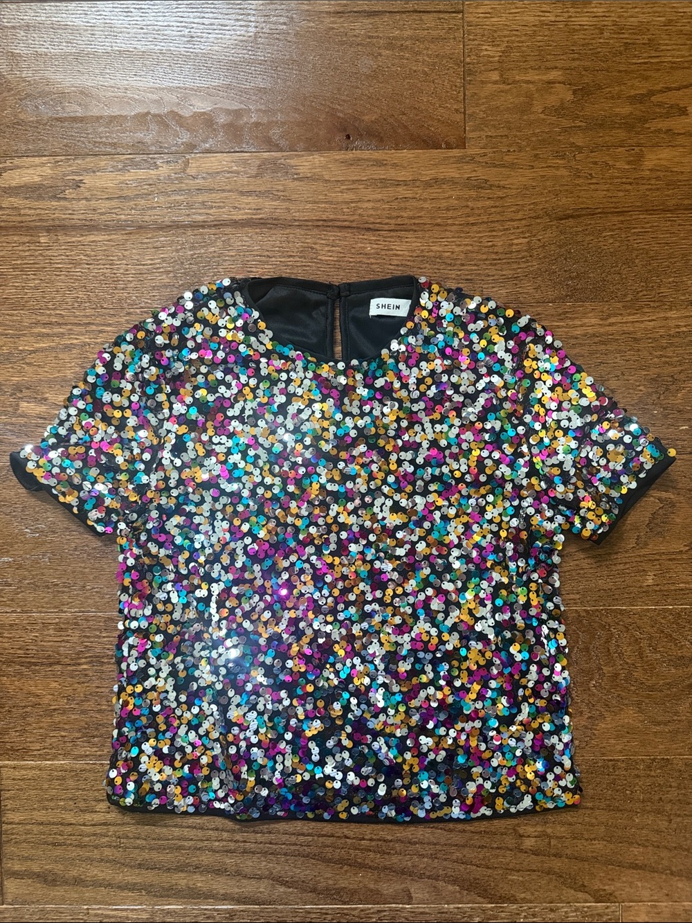 New SHEIN Kids Black Multicolor Sequin Short Sleeve Top